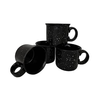 14oz Ceramic Campfire Coffee Mug (Set of 4), Black with Speckled Finish – Durable Thick Walled Camping Style Cup for Outdoors or Home