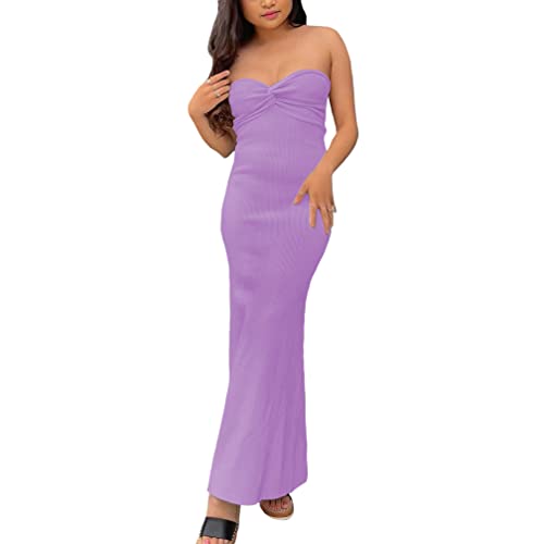 WFHFNJW Women Sexy Twist Knot Front Ribbed Knit Bodycon Bandeau Tube Dress Casual Solid Strapless Maxi Long Dress Medium Purple