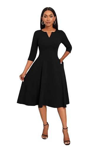 Image of Nmoder Midi Dresses for Women A-Line Fit and Flare Dress 3 /4 Sleeve V Neck Cocktail Wedding Guest Work Dress with Pockets