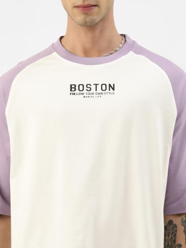 Image of Maniac Men's Printed Raglan Round Neck Half Sleeve Oversized T-Shirt | Raglan sleeve, oversized cut