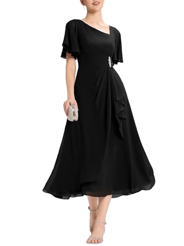 Ever-Pretty Women's Asymmetrical Neck Short Sleeves Chiffon Midi A-Line Mother of The Bride Dresses 02463