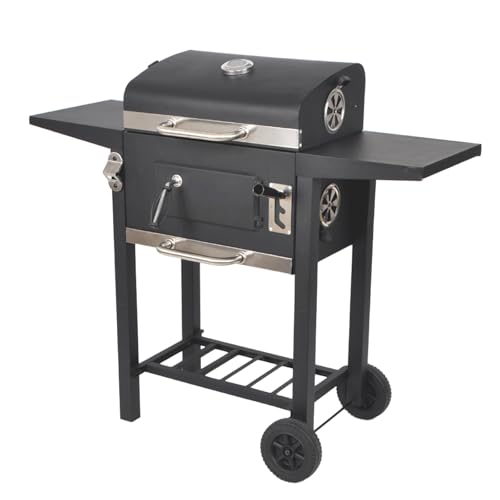 LQWELL Grillwagen Holzkohlegrill BBQ Smoker Trolley Standgrill mit Deckel Edelstahl-griff Grillrost Thermometer Flaschenöffner und Rädern Maße ca. L109 x W54 x H94.5 cm Schwarz
