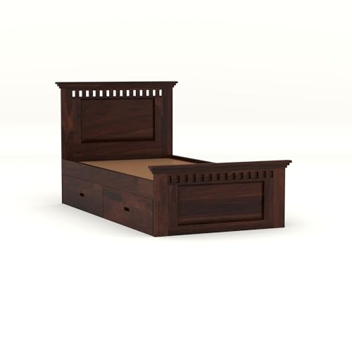 Image of Solid Sheesham Wood Single Size Bed with 2 Drawer Storage Wooden Single Cot Bed for Home Living Room Bedroom Guest Room Hotel (Walnut, Size 6 * 3)