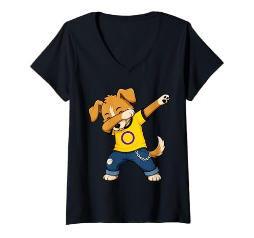 Women's Intersex Flag Dabbing Dog V-Neck T-Shirt