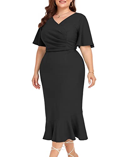 LALAGEN Plus Size Dress for Women Modest Short Sleeve Ruched Bodycon Mermaid Cocktail Midi Dresses 1X-6X3