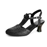 Sandalias de tacón para mujer, con puntera redonda, cerradas, con correa en T, hebilla y tacón de gatito, zapatos de tacón para fiesta casual, Black, 40.5 EU