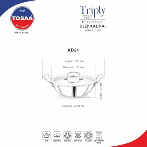 Image of Tosaa Triply Stainless Steel 24 cm Kadai with Lid /Indian Wok|Even Heat Distribution| Consumes Less Oil|Easy to Clean|Gas Stove Compatible - 2000 ml