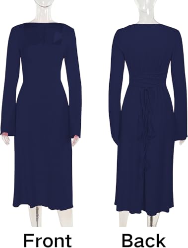 Image of Shasmi Women's Square Neck A-Line Dress - Long Sleeve, Tie Waist, Knitted Stretchable, Casual & Office Outfit, Solid Winter Midi Dress for Women (Dress 221)