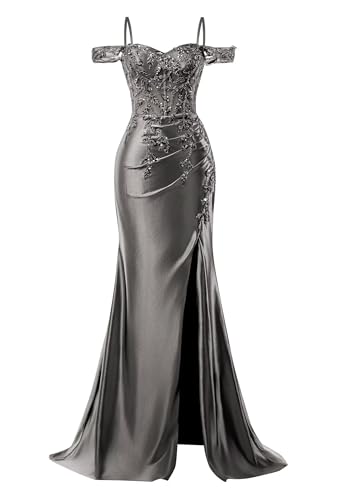 Image of Mermaid Satin Prom Dresses 2026 Lace Applique Off Shoulder Formal Evening Gown with Slit