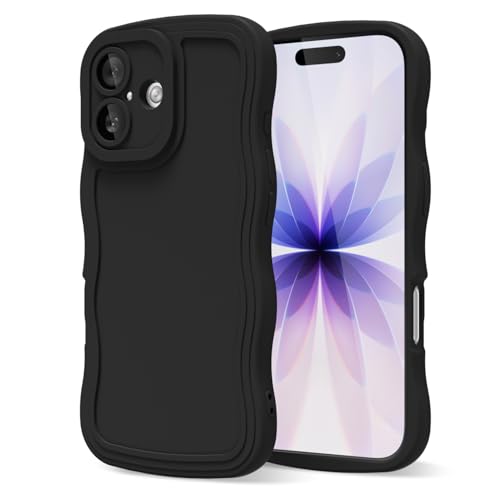 oakxco Silicone Case for iPhone 17 Case Wavy Edge, Cute Curly Wave Frame Ripple Trendy Design Girly Phone Case for Women, Y2k Aesthetic Solid Plain Soft Matte Rubber & Camera Cover Protection, Black