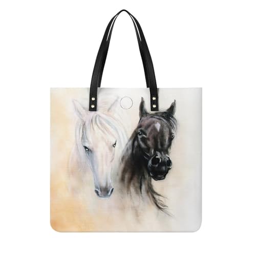 Sac imprimé cheval noir et blanc grand format 39x39cm avec anses bandoulière