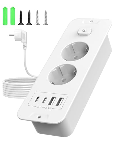 Multiprise encastrable avec USB - Prise de Table escamotable avec 2 Ports USB C (20 W) et 2 Ports USB A - Prise encastrable pour Cuisine - pour Bureau, Chambre...
