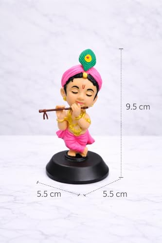 Image of Krishan Ji Car Dashboard Idol with Double Sided Tape | Bal Gopal Statue for Car Dashboard, Home Temple & Office | Cute Krishna Murti Gift Item | Standing Eye Closed | Pink
