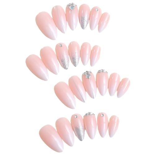 Image of Silver Glitter Press on Nails French Tip Fake Nails Medium Almond False Nail with Rhinestone Design Nude Glossy Artificial Acrylic Full Cover Diamond Glue on Nail for Women Christmas Manicure 24Pcs