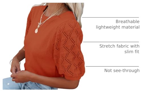 Image of Womens Short Sleeve Sweaters Crewneck Knit Pullover Tops 2025 Summer Casual Lightweight Crochet Blouse Shirt