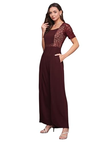 Image of Miss Chase Women's Halter Neck Sleeveless Solid Wide Leg Sequin Paneled Regular Length Jumpsuit