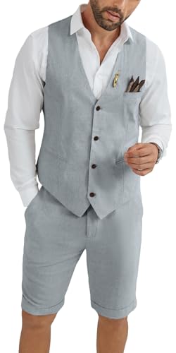 Mens Linen Suit 2 Piece Men Suits Slim Fit Shorts Suit Set Summer Beach Wedding Grey Linen Vest Shorts Large