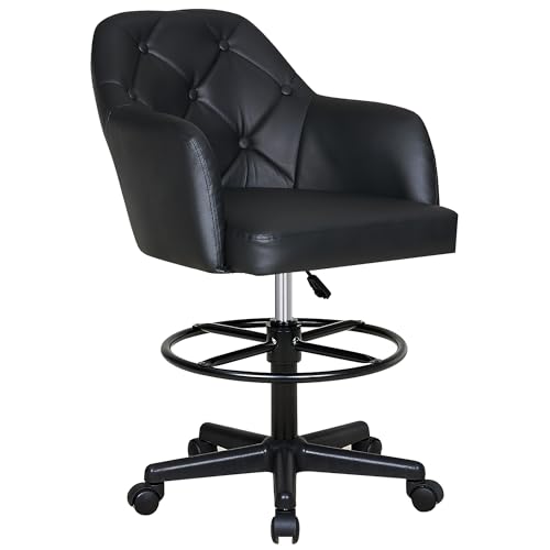 VECELO PU Leather Drafting Chair with Low Back and Footrest Ring, Height Adjustable, Swivel Rolling...