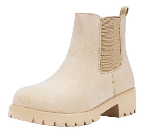 Image of Vepose Women's Chelsea Ankle Boots Pull-On Low Heel Booties 9607 | Flat short boots with elastic side, round toe for casual daily