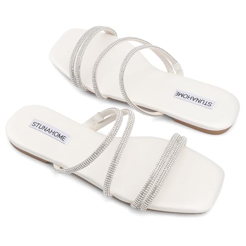 Image of STUNAHOME Women's Rhinestone Thong Flat Sandals Open Toe Slide Sandals with Square Toe Bling Strap