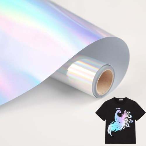 Image of HTVVETUR Holographic Heat Transfer Vinyl 12 Inch x 5ft Metallic Rainbow HTV | Iridescent Laser Heat Press Vinyl, Easy Weed Iron On Vinyl for T Shirts, Canvas Bags, Hats, Pillows DIY Custom Clothing
