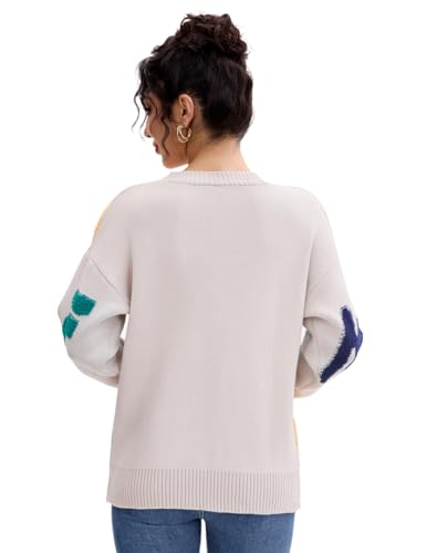 Image of Women's Sheep Embroidered Sweater V-Neck Cardigan - Cable Knit Open Front Coat with Rainbow Buttons Sweater Coat Outwear