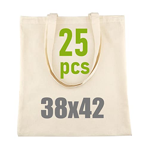 IDEA HOME 25 Stück Baumwolltasche 38x42cm- Jutebeutel Groß - Stoffbeutel Unbedruckt, Personalisierung Möglich – Bestickung oder Bemalung - Stofftasche mit zwei langen Henkeln