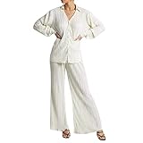 Zukmuk 2-teiliges Damen-Plissee-Outfits-Hosen-Set Eleganter Anzug Y2k-Revers V-Ausschnitt Langarm Bluse mit Knöpfen + Solide Hose mit Weitem Bein (Weiß, M)