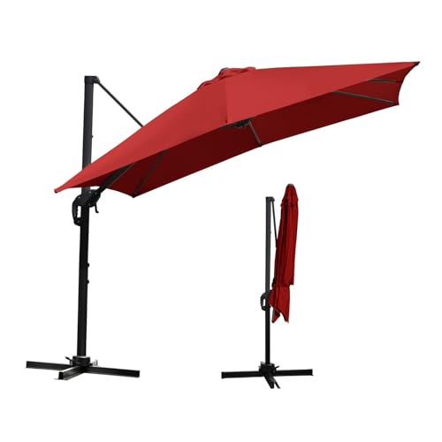 Tubiaz Sonnenschirm Ampelschirm 300 x 300 cm rechteckig Gartenschirm mit Kurbe 360° Drehbar und Kippbar,Terrassenschirm Sonnenschutz UV50+ Aluminium Marktschirm für Garten,Terrasse,Rot