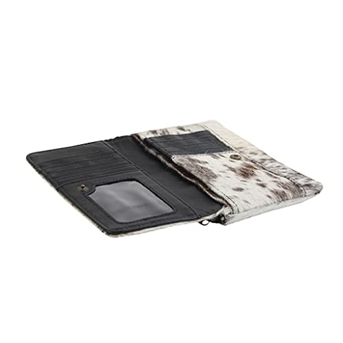 Image of Myra Cookie Crunch Leather and Hairon Cowhide Wallet - 7x4 inch Cow Print Wallets for Women, Black and White Clutch, Long, Western Cowprint, Boho, Country Stuff, Cowgirl Gifts for Women, Mom, Sister, Aunt