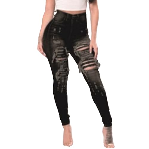 JEKE-DG Women's Skinny Ripped Distressed Jeans Casual Comfort Stretch Denim Pants Destroyed Stretch Slim Fit Jeans (Black1,XX-Large)