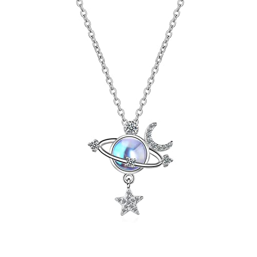 Collier Pierre de Lune pour Femme, Collier Planete, Pendentif Pierre De Lune, Collier Femme, Collier de Lune, Pendentif Argent, Collier Lune et Étoile cadeaux pour Fille Femme Dames Maman Cadeaux Cover