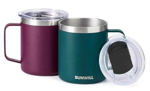 Image of SUNWILL Coffee Mug Set with Handle and Lid 14 oz, Insulated Camping Mug 2 Pack, Double Wall Stainless Steel Travel Tumbler Cup, Reusable Coffee Cup Outdoor, Powder Coated Forest Green & Plum