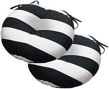 Magpie Fabrics Outdoor Round Bistro Seat Cushions with Ties, Fluffy Tufted Patio Chair Pads 15"x15"x4" Set of 2 Waterproof Floor Pillow for Home Garden Balcony Kitchen Office Porch, Black White Stripe