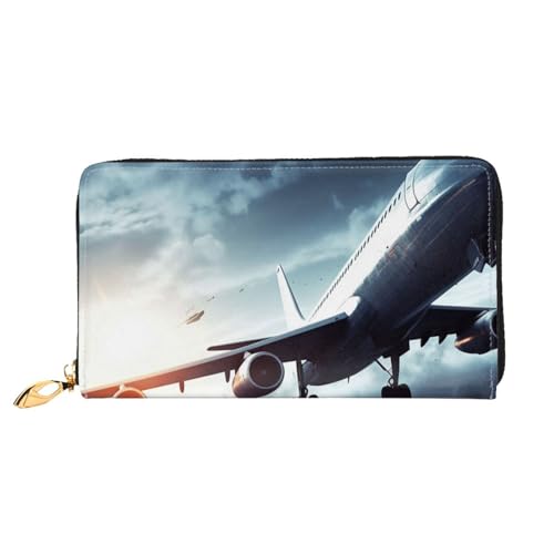 Airplane Women Wallets Leather Zip Around Clutch Purses Waterproof Credit Card Holder With Phone Holder Ladies Travel Coin Purse