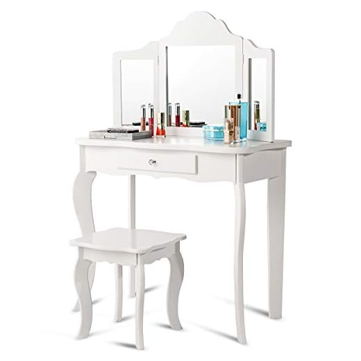 GOFLAME Wooden Vanity Table with Triple Folding Mirror and Stool for Kids, Writing Table with Detachable Top and Large Capacity Drawer, E1 Grade MDF and Solid Wood Material, White