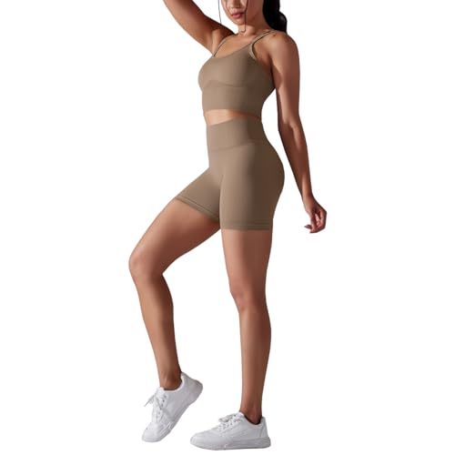 dohomiryo 2 PCS Vêtement de Sport pour Femme Ensembles Soutien-Gorge Sport Legging Taille Haute Shorts Fitness Dans Couture Sportswear de Yoga Kaki S