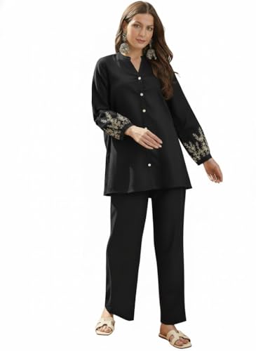 Image of SHEINZY Elegant Embroidered Sleeve Co-Ord Set for Women | Comfortable Silk Blend V-Neck Button-Down Top Matching Pants | Stylish Casual Ethnic Wear