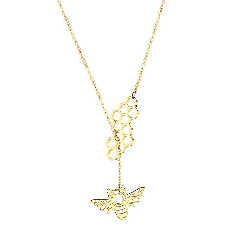 RUIZHEN Stainless Steel Geometric Bee Hive with Honey Bee Lariat Y Necklace Bee Jewelry (Gold)