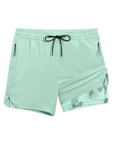 Image of veepro Men’s 5” Gym Running Shorts 2 in 1 Quick Dry Workout Athletic Shorts with Compression Liner,Lightweight Anti-Chafe Sports Shorts with Zipper Pockets for Training Tennis Basketball Green