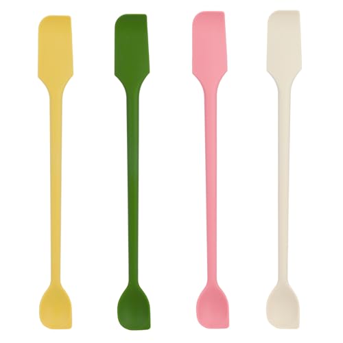 Tinoaly 4pcs Mini Silicone Spatulas Set, Dual Sided Multifunctional Small Kitchen Scraper Long Spoon Reusable Stirrer for Jam Cake Cream Butter Icing Lotion Cooking Baking and Mixing (4 Colors)