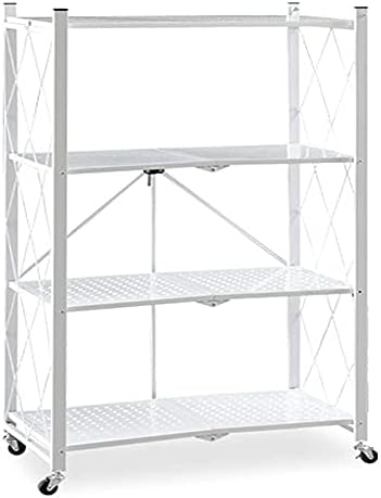 ybaymy 4-Tier Shelving Unit Kitchen Storage Rack Foldable Storage Shelving Cart Heavy Duty Shelf with 4 Rolling Casters for Pantry Closet Garage Kitchen Living Room White