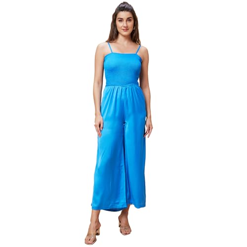 Image of Globus Women Blue Solid Smocked Strappy Party Jumpsuit-3639654001