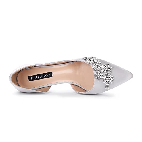 ERIJUNOR Pointy Toe Mid Heels Pumps Rhinestones Evening Party D’Orsay Satin Shoes for Women4