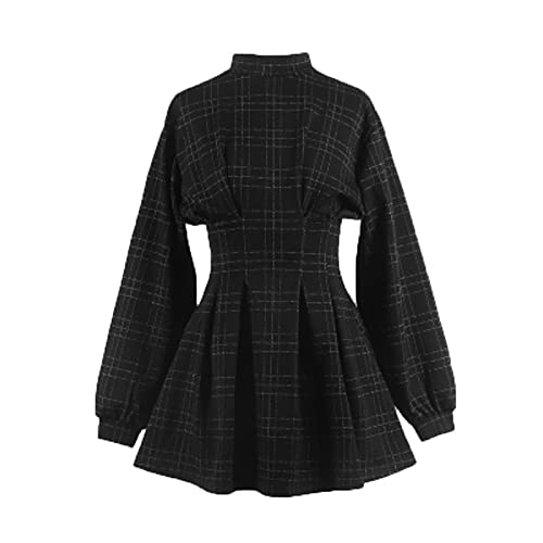 Goth Long Sleeve Dress Gothic Harajuku Vintage Plaid Wrap Balck Mini Dress Retro Pleated Punk Long Sleeve Dark
