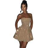 AIBEARTY Women's Sexy Glitter Off Shoulder Mini Dress Shiny Strapless Pleated A Line Dress for Party Club Khaki