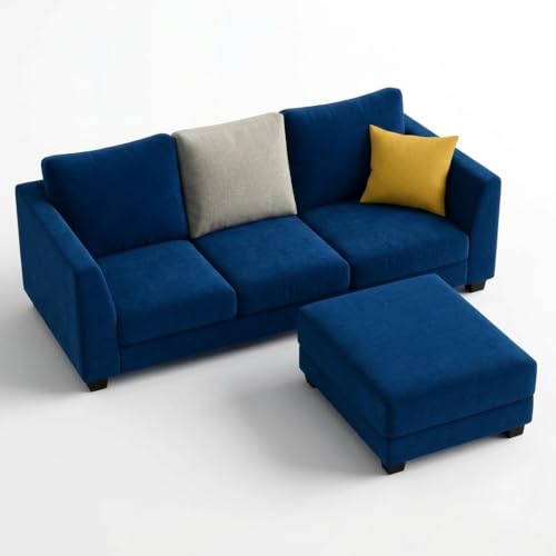 Image of SOCOZI Trevano 4 Seater L Shape Sofa Set with Movable Ottoman | Flexible Left or Right Layout | Soft Velvet Suede Fabric | Modern Design | Plush Comfort Cushions for Living Room (Blue -Light Grey)