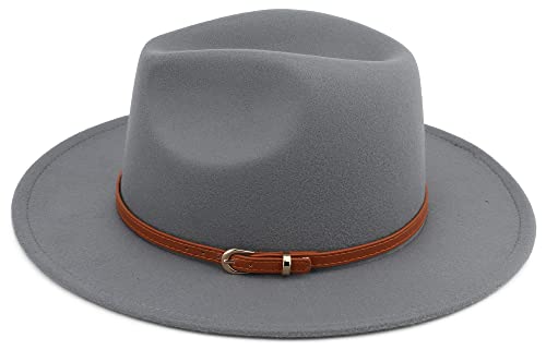 Melesh Wide Brim Unisex Classic Belt Buckle Fedora Hat (G Grey) #TOP4