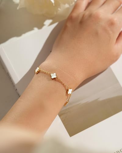 Four Leaf Clover Bracelet Birthday Gift for Women, Gold Plated White Flower Lucky Charm Jewelry for Best Friend, Sister, Wife, Girlfriend or Bestie2