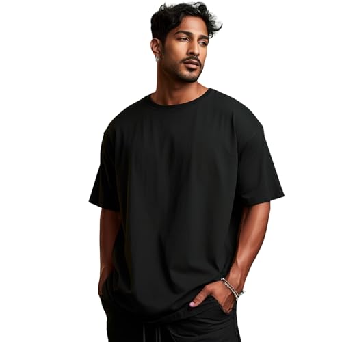 Image of prabhu bhakti Men's Oversized Shri Ram Printed Black T-Shirt | Back Print Drop Shoulder Pure Cotton Oversized Tshirt for Men